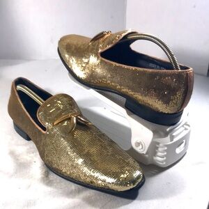 After Midnight Gold Sequin Men's Slip On Loafers with Golden Metal Horn Bits